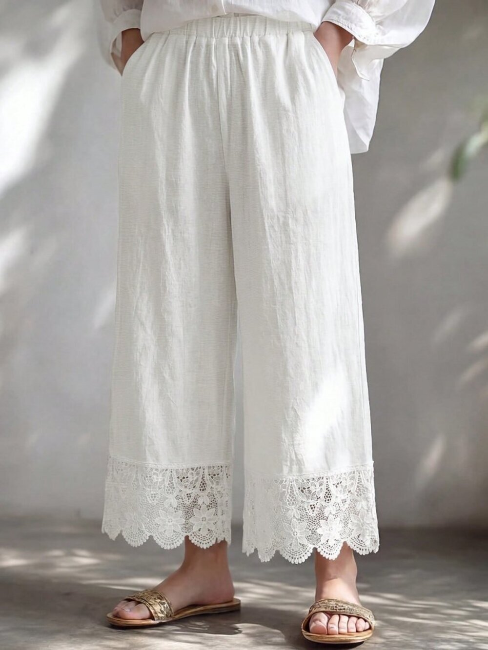 White Boho Casual Patchwork Women's lace trim Flowy Trousers - Picture 4 of 4